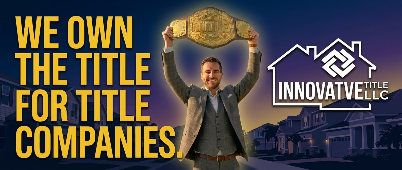 "We Own The Title For Title Companies." A championship-belt concept built for Innovative Title LLC. Same agency as the stock-family billboard — completely different gravity. Built in under 5 minutes with Ad Legends.