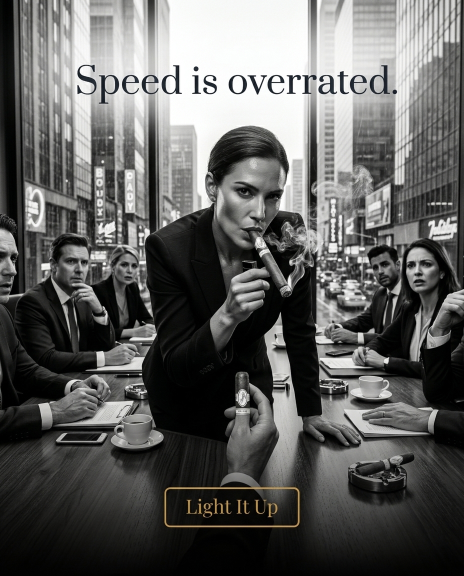 Provocative urban realism with direct, intelligent framing. Photography feels grabbed from real life in financial districts, using stark compositions and high-contrast to make the cigar the undeniable focal point without aesthetic gloss.
