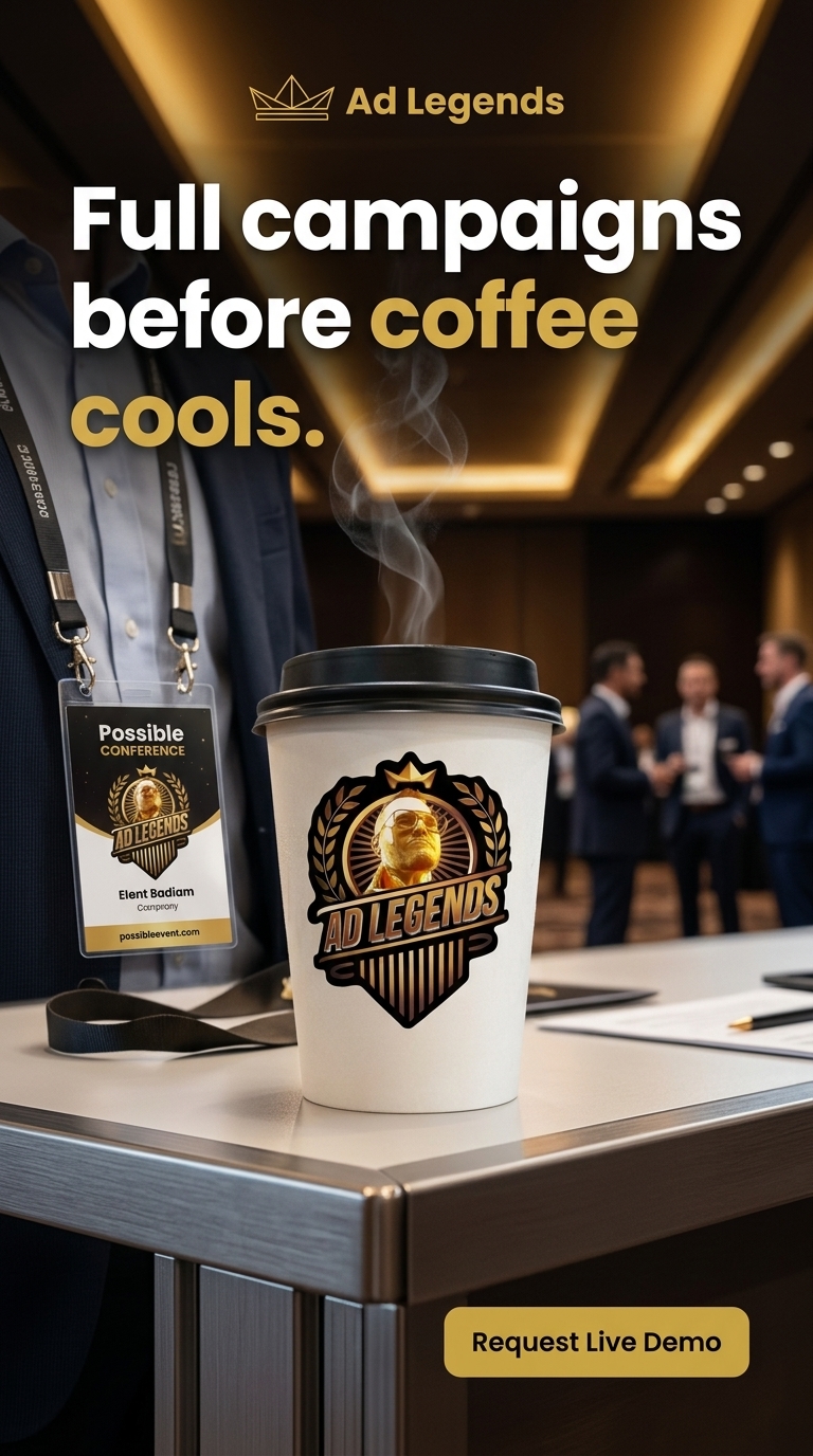 Bold product photography meets conference realism. High-contrast scenes featuring steaming coffee cups against sleek event backdrops, with the Possible Conference logo subtly integrated in event materials. Warm golden tones from brand colors highlight urgency and precision.