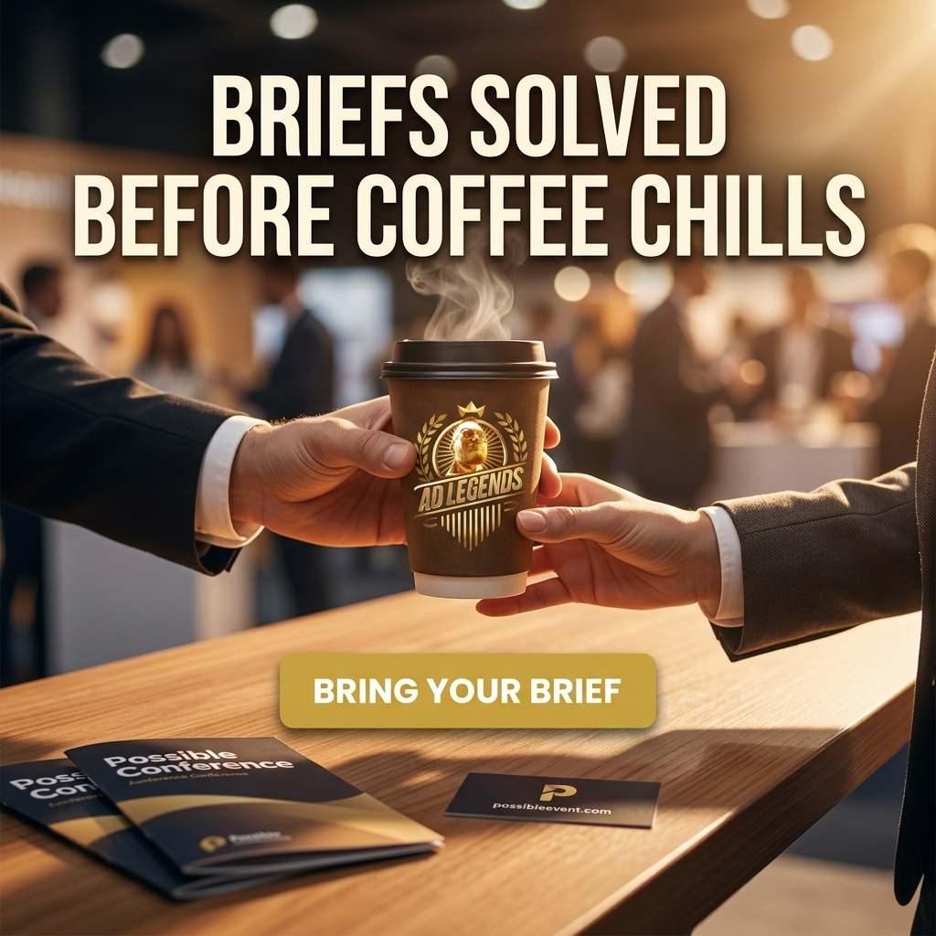 Dynamic action photography with human elements. Hands exchanging coffee cups printed with subtle event branding, integrated with Possible Conference visuals in a bustling innovation booth environment. Strong contrast using deep charcoal and golden accents for premium feel.