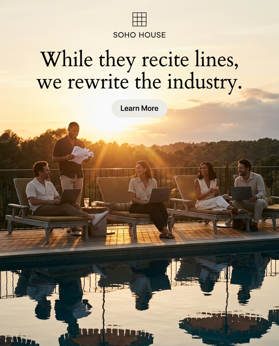 Cinematic photography with dramatic sunset backlighting, product-led focus on the exclusive Soho House pool and lounge area