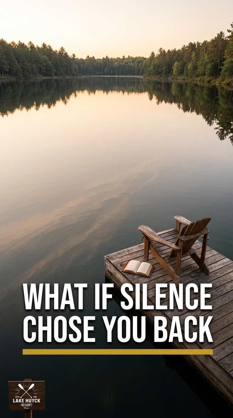 Arresting single images in the cream-and-gold palette using juxtaposition of vast empty lake against small human elements like one chair or a forgotten book. Soft natural gradients and flowing visual rhythms suggest movement beneath still surfaces, with bold yet approachable serif typography for the lake's lines creating intimate, layered emotional depth.