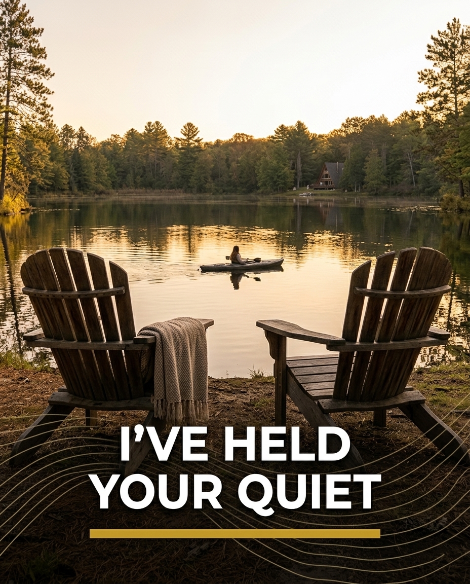 Cinematic stills in rich cream and gold with natural lighting that feels like late afternoon sun across water. Focus on authentic moments like a single kayak at dawn or family-sized Adirondack chairs facing the private shore, layered with subtle flowing lines that echo water movement and handwritten script accents for personal touch.