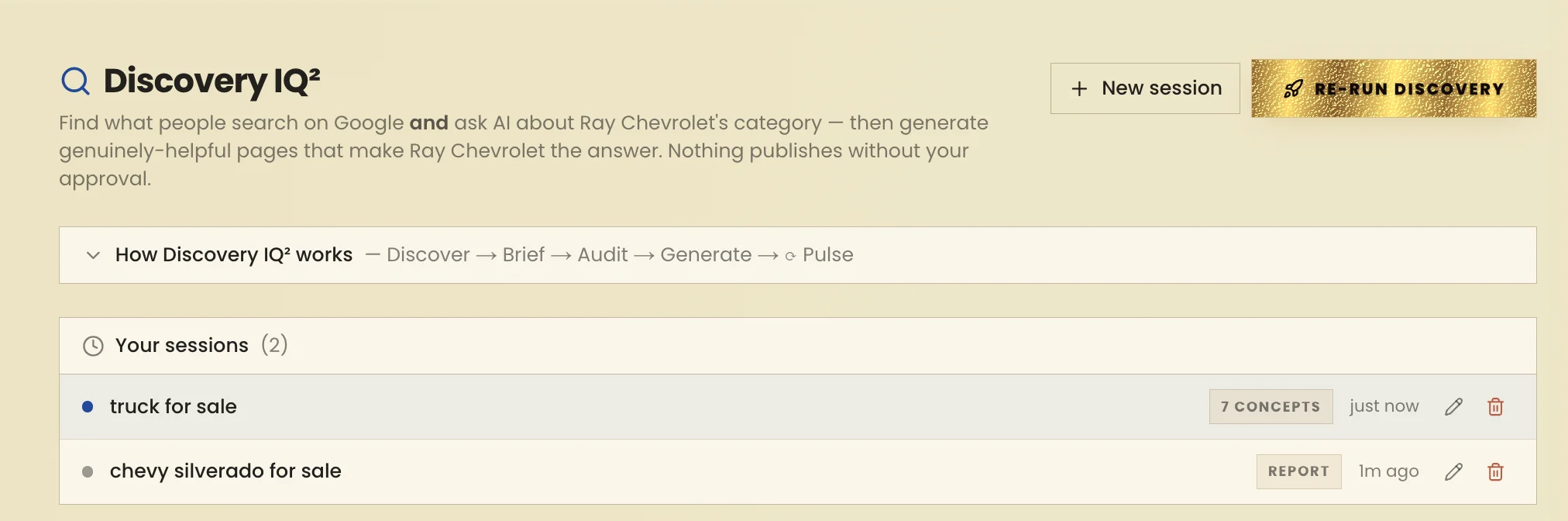 The Discovery IQ² tool inside Ad Legends, run for Ray Chevrolet Fox Lake: it finds what people search on Google and ask AI about the store’s category, then writes approval-gated answer pages. Two live sessions are shown — “truck for sale” and “chevy silverado for sale” — over the flow Discover → Brief → Audit → Generate → Pulse.