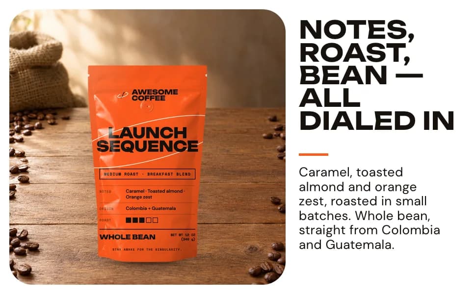 A+ benefits module: the bag among coffee beans beside the headline Notes, roast, bean, all dialed in, and a paragraph on its tasting notes, small-batch roast and origins