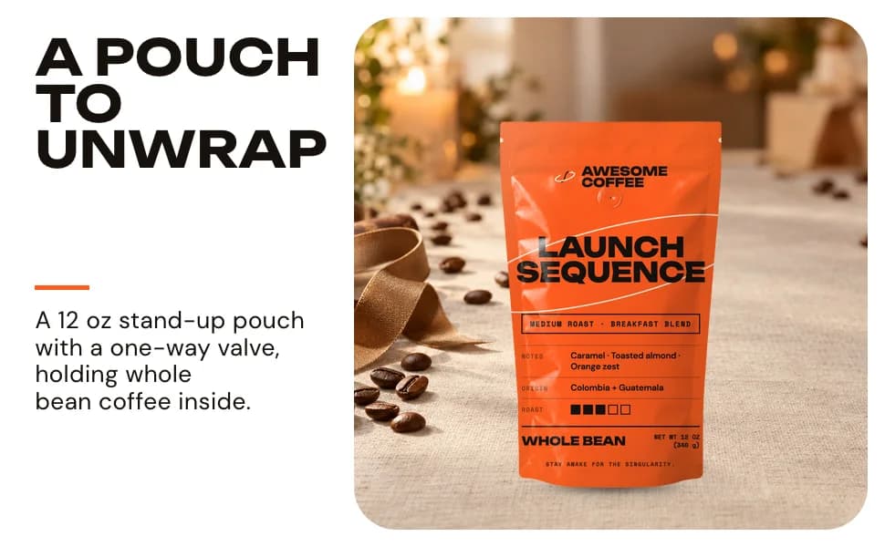 A+ gift module: the bag with ribbon and beans beside the headline A pouch to unwrap and a line on its 12 oz stand-up pouch