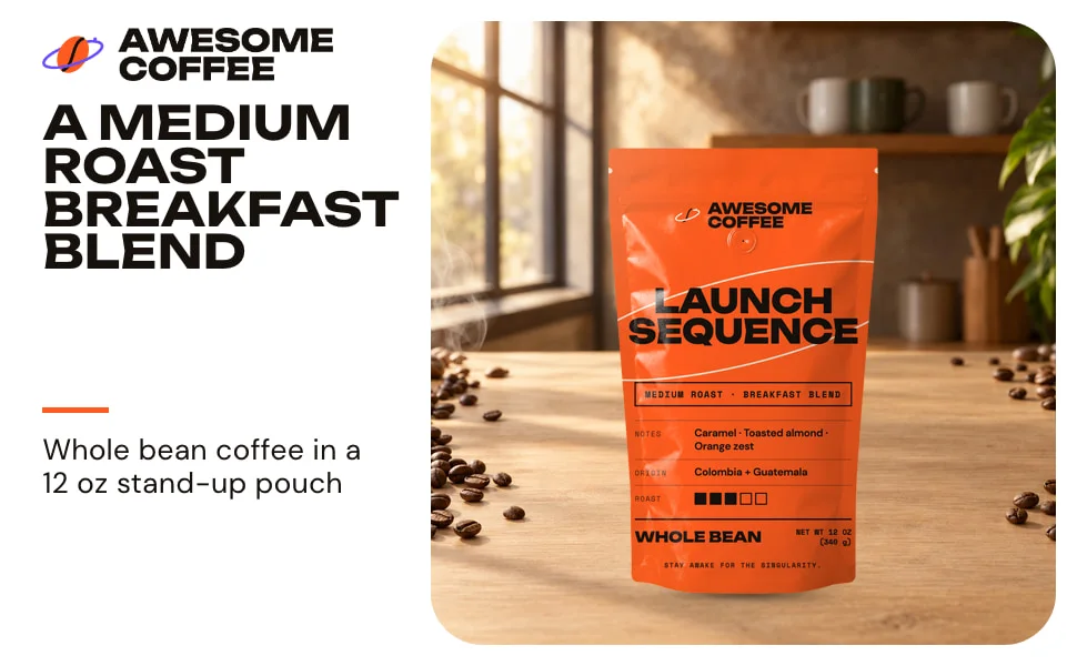 A+ header module with the Awesome Coffee logo, the headline A medium roast breakfast blend, and the bag on a wooden table