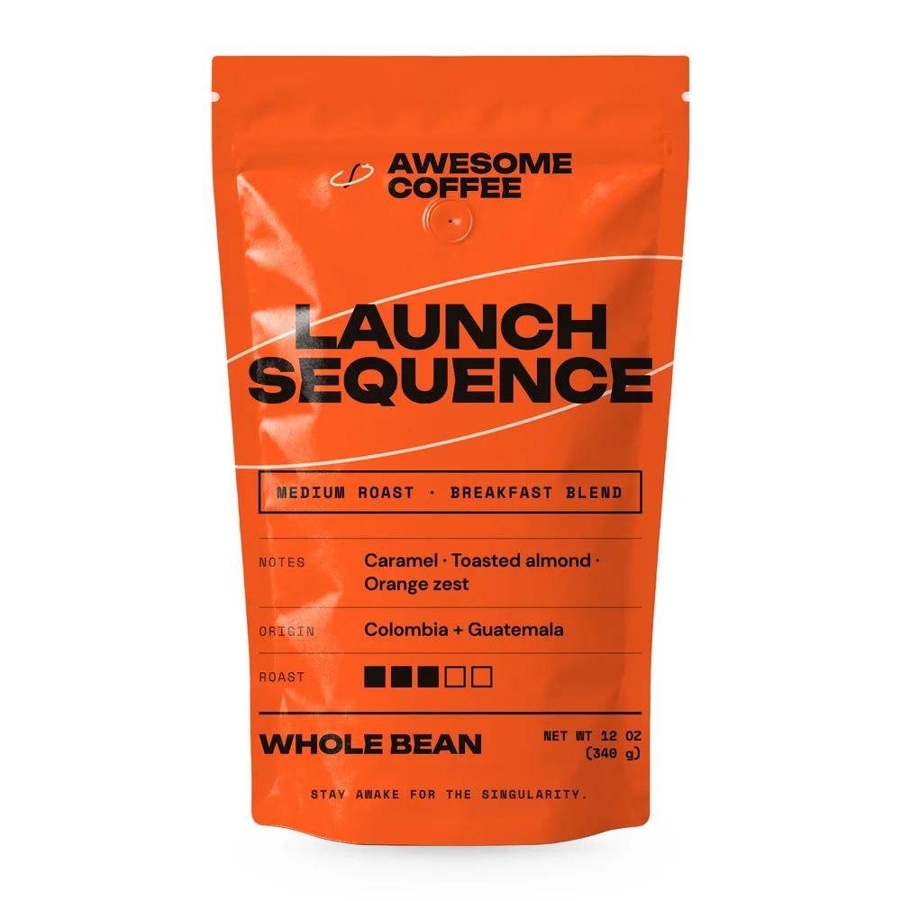 MAIN image: the orange Launch Sequence 12 oz coffee bag alone on a pure white background