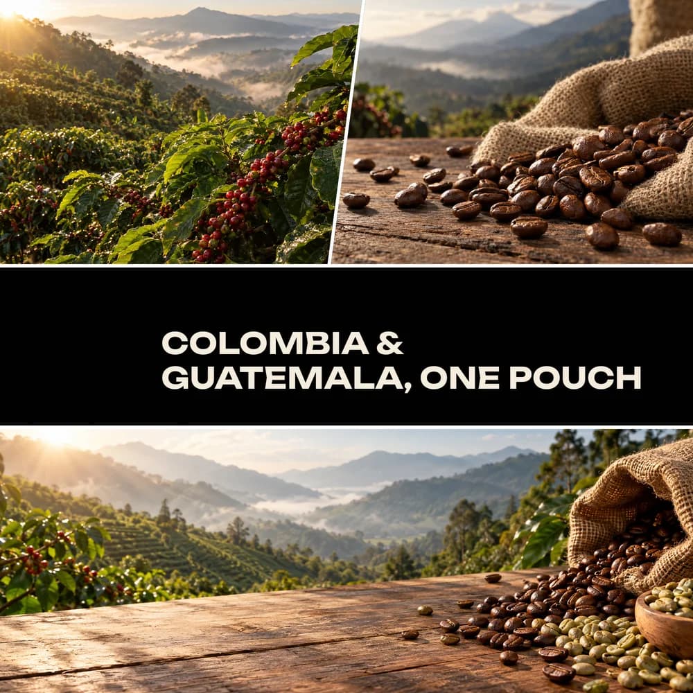 Coffee farms at sunrise and spilled green and roasted beans around a black band reading Colombia and Guatemala, one pouch