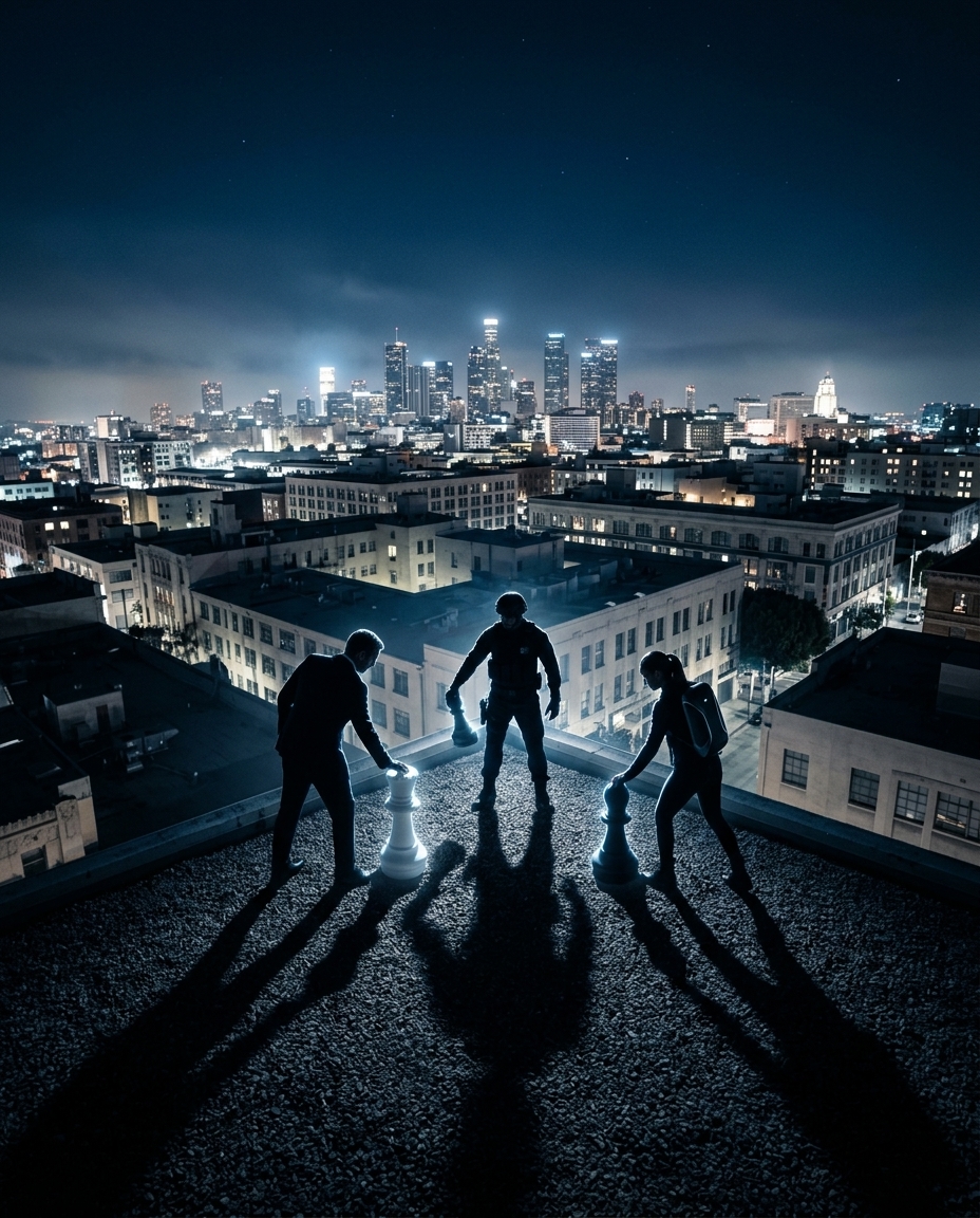 Cinematic with moody nighttime cityscapes, high-contrast lighting in deep blues and blacks, realistic professional photography of security personnel and suited advisors composed with grand unexpected perspective
