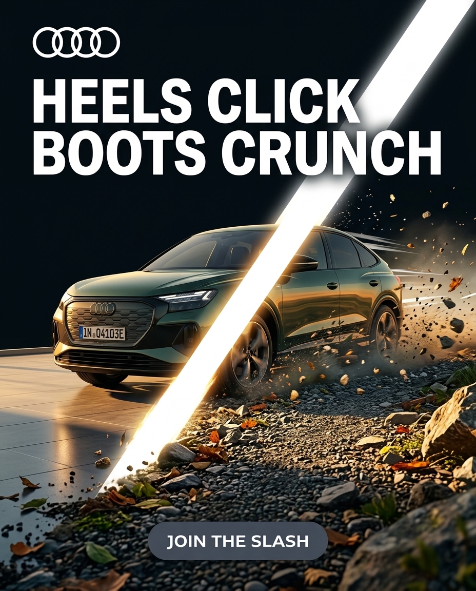 Clean modern with spontaneous organic juxtapositions, bold dynamic composition featuring the slash as central character. High-contrast colors, hyper-realistic Q5 details against graphic velocity lines, typography as integrated light and motion elements.