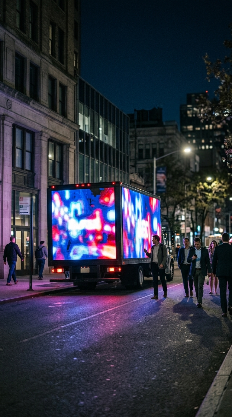 Realistic nighttime urban photography with product-led focus, vibrant glowing LED as hero against city architecture