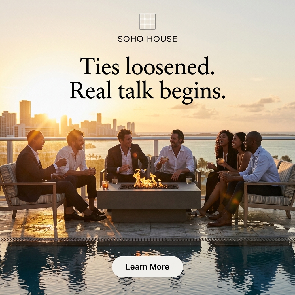 Cinematic photography with dramatic sunset backlighting, product-led focus on the exclusive Soho House pool and lounge area