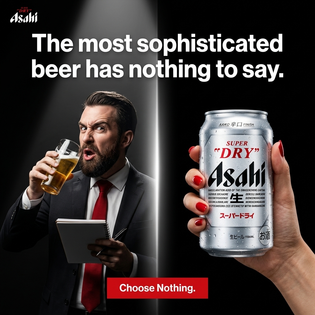 Outrageous confrontation meets elegant minimalism. Bold high-contrast splitscreen composition. Stark monochrome with surgical red accent. Brutally stripped to the core idea where visual and headline become inseparable.