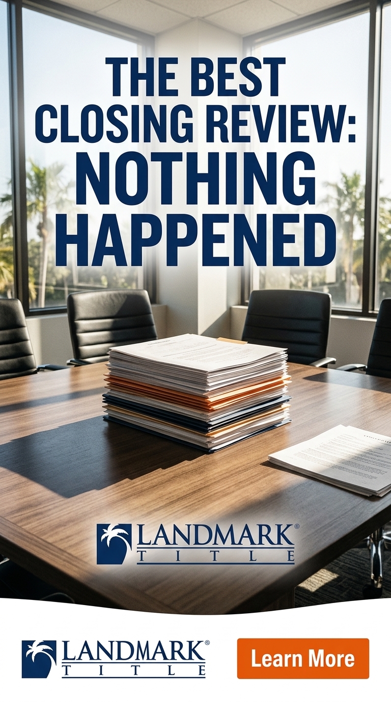 High-contrast realism with visual wit: a single pristine closing table in an empty office, documents perfectly aligned like an untouched battlefield, dramatic natural light casting long shadows that hint at avoided chaos. Poster-style composition, gritty authentic textures, bold saturated colors dominated by Landmark's navy and orange accents.