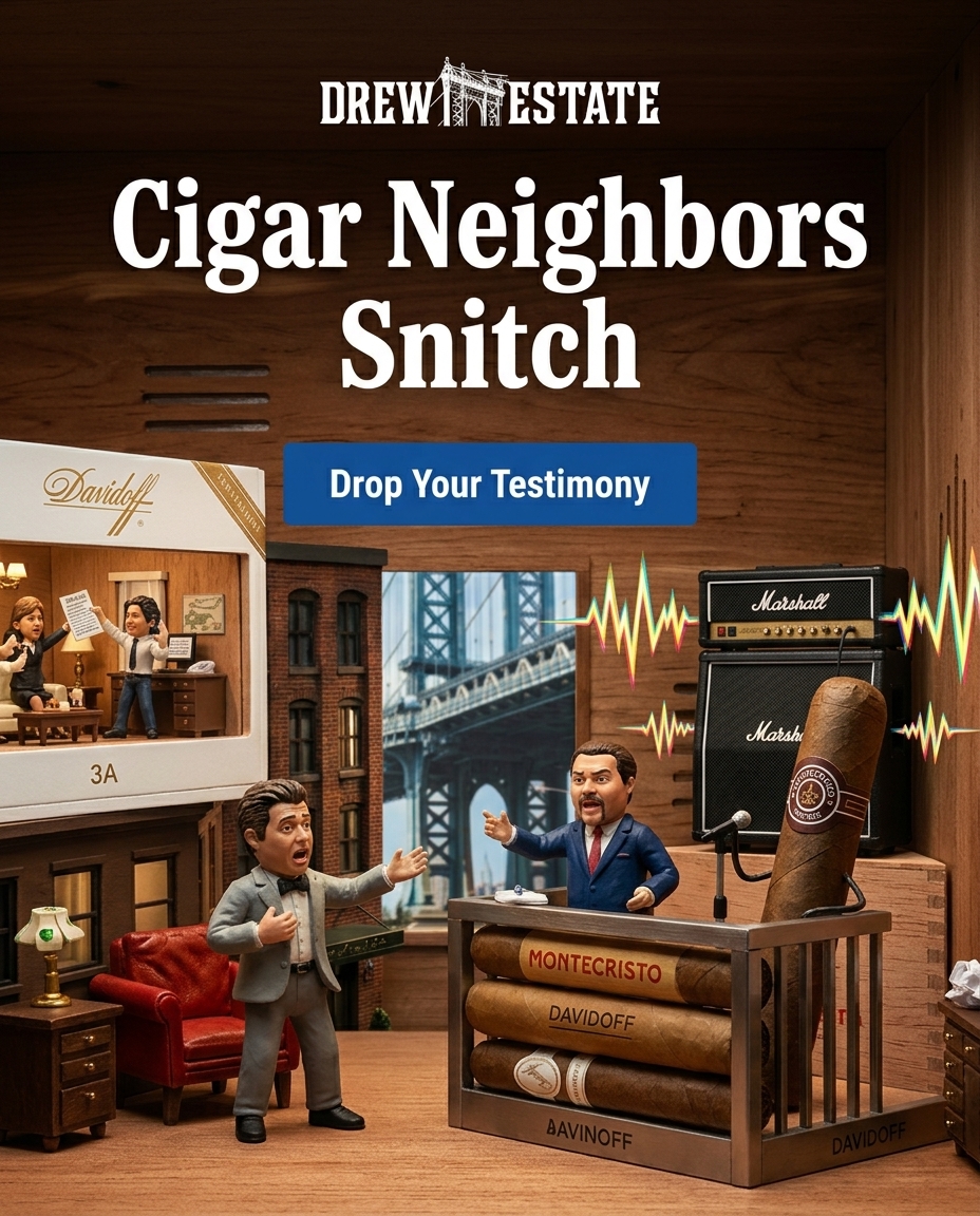 Surreal dynamic scenes of elegant cigar residents in apartment settings with unexpected rock intrusions, high-contrast lighting on hyper-realistic details, spontaneous textures of leather chairs beside amps, unconventional typography energy suggested through visual disruption and clean yet rebellious compositions.