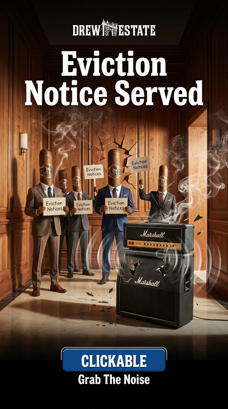Bold high-contrast compositions with surreal juxtapositions of a sleek cedar-paneled apartment building interior blended with Marshall amp stacks and feedback waves. Hyper-realistic cigar figures in tailored suits protest with elegant signage, clean typography integrated as eviction stamps, organic smoke textures disrupting modern lines.
