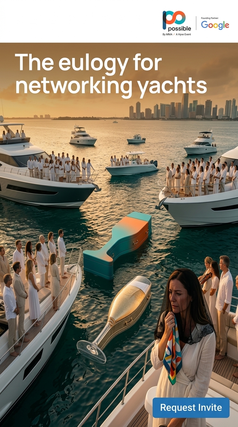 Epic cinematic funeral at sea with sweeping drone shots over a vast ocean, rich golden-hour light casting long shadows on mourners in crisp linen suits. Meticulous art direction with a floating champagne flute-shaped casket as focal point, expressive widow's face in close-up against spectacular seascape backdrop. Saturated warm tones evoking nostalgic film grandeur.