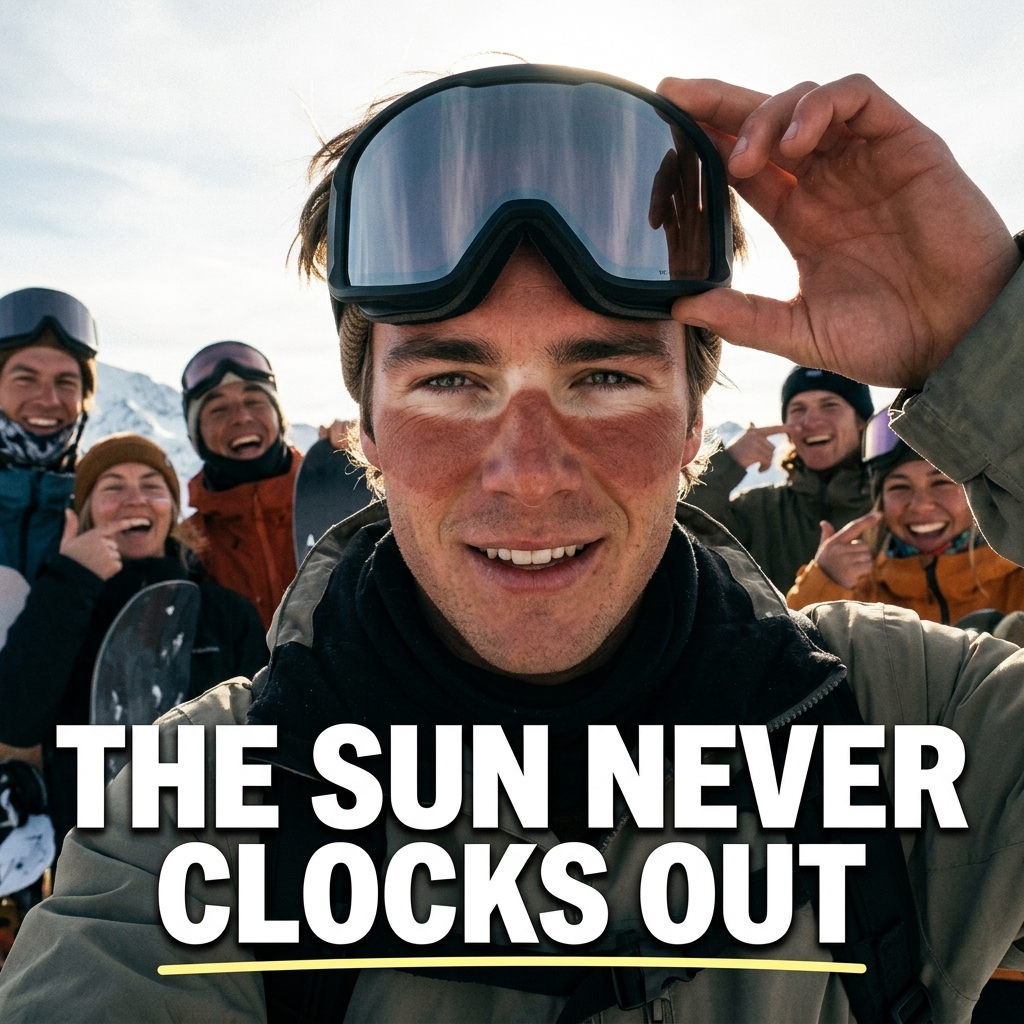 Cinematic realism with high-contrast shots of skiers and riders pulling down goggles in slow motion, revealing stark white-eyed tan lines against wind-burned skin. Natural mountain light, grainy film texture, diverse faces from pros to weekend warriors captured in raw, heroic moments.
