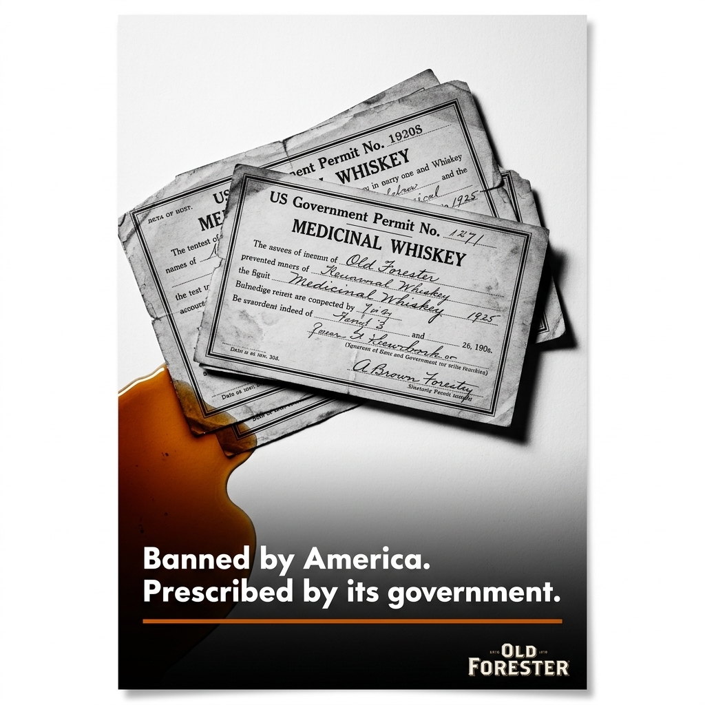 High-contrast black and white reproductions of faded 1920s medicinal whiskey permits, shot like archival museum artifacts under dramatic single-source lighting. The paper's texture and aged edges take center stage against stark white backgrounds, with one bold modern pour of bourbon bleeding into the frame as the only color accent. Poster-style composition with surgical negative space.