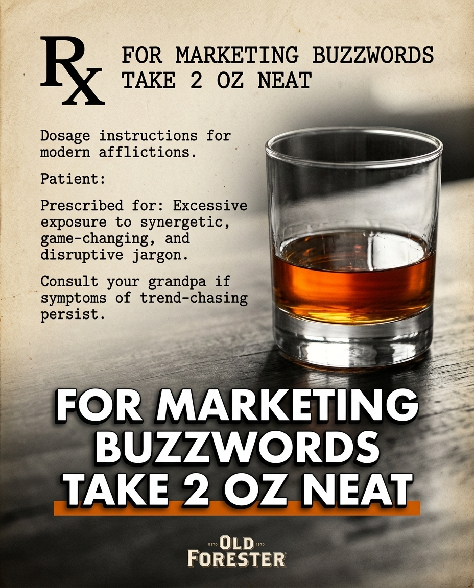 Vintage pharmaceutical advertisement style with aged paper texture, typewriter fonts, and clinical layout. Each post features a single bold 'Rx' symbol next to deadpan dosage instructions. High-contrast realism with one glass of bourbon as the only vibrant element. Minimal background, poster composition, natural but dramatic lighting that highlights paper grain and liquid texture.