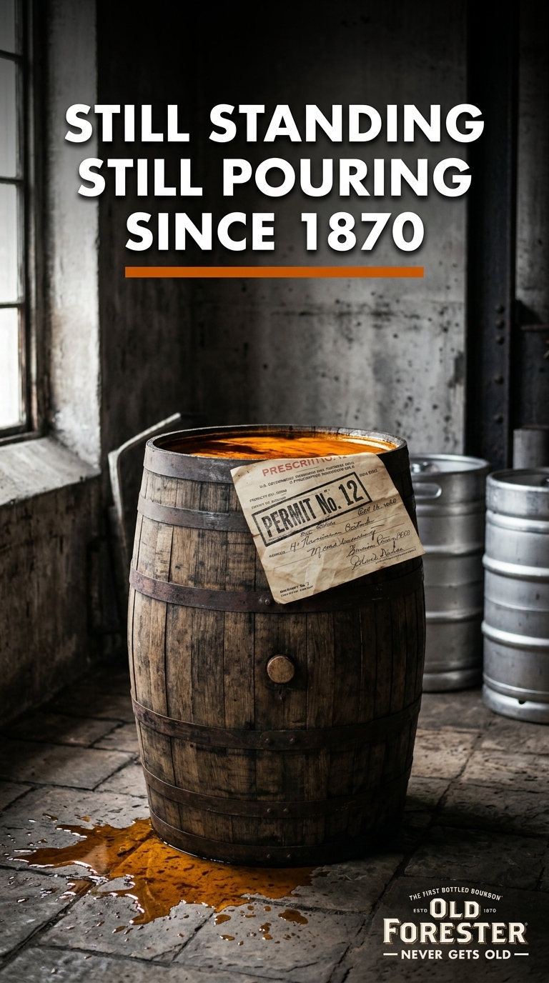 Conceptual realism with weathered wooden barrels shot in natural dramatic window light against stark industrial backgrounds. One vintage medicinal permit carefully placed among the barrels creates the visual metaphor. High texture focus on wood grain, paper, and liquid. Bold saturated amber tones against deep shadows. Clean poster composition with negative space that forces the eye to the juxtaposition.
