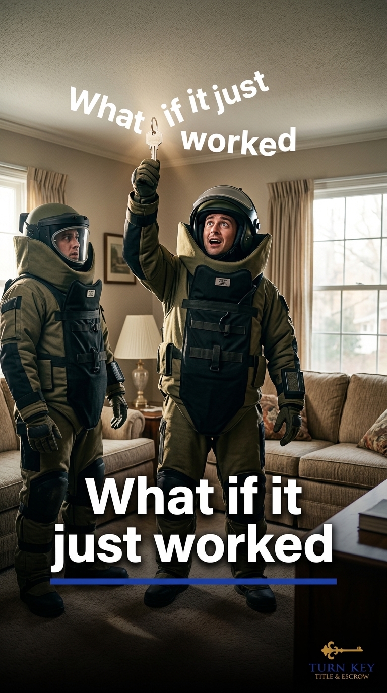Surreal juxtaposition of people in full bomb-squad suits standing in ordinary Kentucky living rooms, holding house keys like Olympic torches. Their faces show pure dumbfounded delight. Clean, bold red and navy color palette with dramatic lighting. Typography integrated as if the words are exploding outward but stopping short, creating visual tension that resolves elegantly.
