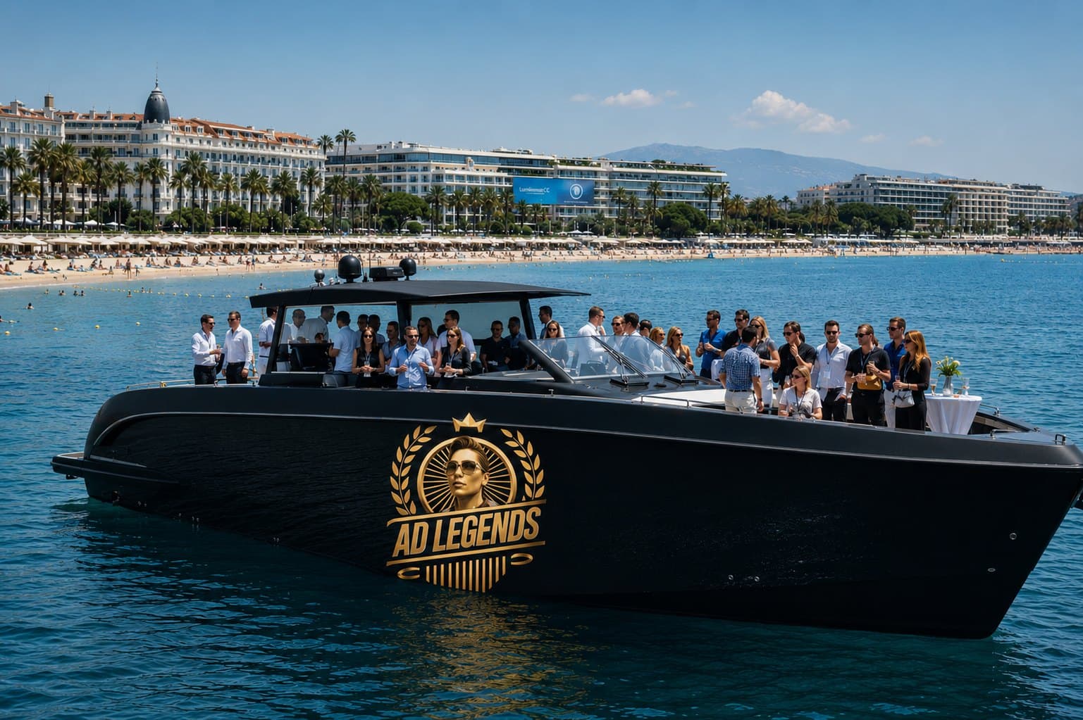 The Ad Legends yacht moored off the Croisette at Cannes, guests aboard