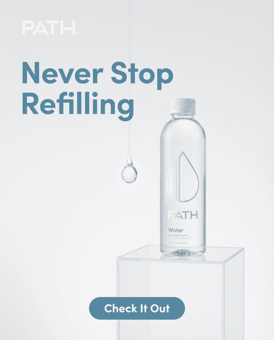 A minimalist studio backdrop with soft diffused light; the bottle sits on a clear acrylic stand, water droplets frozen mid‑fall, creating a sense of perpetual motion frozen in time.